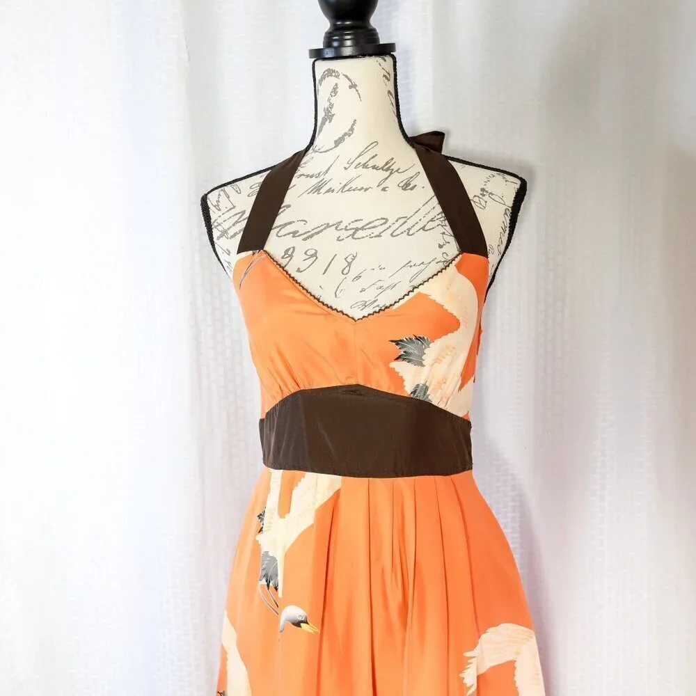 Moulinette Soeurs Orange Halter Dress with Brown Accents - Picture 2 of 11